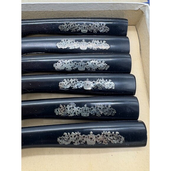 Vintage Steak Knives Set of 6 Black Scroll Crown Handles Stainless Japan - Picture 5 of 7